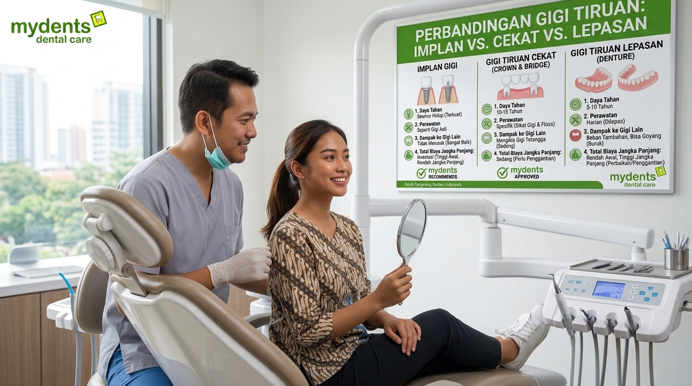 Perbandingan implan gigi, gigi tiruan cekat, dan gigi tiruan lepasan dari sisi daya tahan, perawatan, dampak ke gigi lain, dan total biaya jangka panjang.